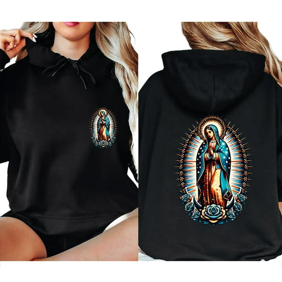 Our Lady of Guadalupe Hoodie – Double-Sided Virgin Mary Catholic Saint Pullover, Religious Graphic Faith Apparel