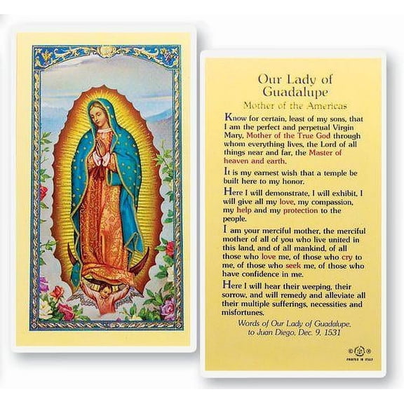 Our Lady of Guadalupe Laminated Catholic Prayer Holy Card with Prayer on Back, Pack of 25
