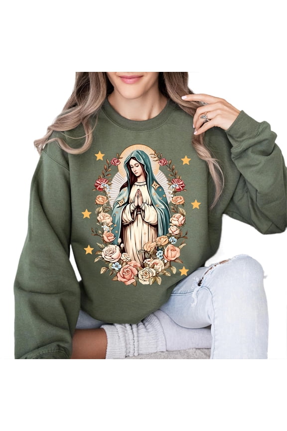 Our Lady of Guadalupe Sweatshirt – Virgin Mary Floral Pullover, Catholic Church Faith Based Sweater, Unisex Religious Cotton Apparel
