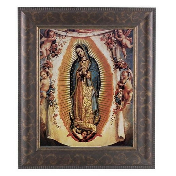 Our Lady of Guadalupe with Angels Picture Framed Wall Art Decor Large, Antique Gold and Expresso Decorated Frame with Beveled Edge and Gold Lip