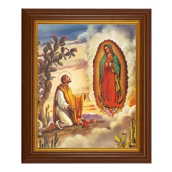 Our Lady of Guadalupe with Juan Diego Picture Framed Wall Art Decor, Large, Traditional Dark Walnut Fluted Frame with Gold Beaded Lip
