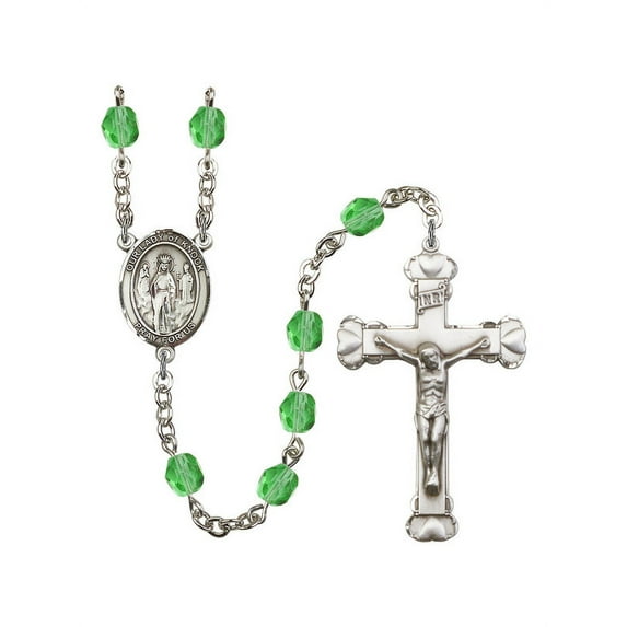Our Lady of Knock Silver-Plated Rosary 6mm August Green Fire Polished Beads Crucifix Size 1 5/8 x 1 medal charm