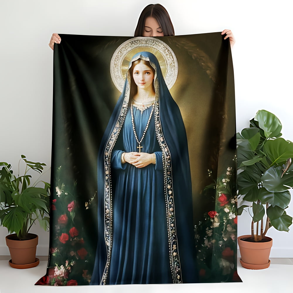 Our Lady of Lourdes Flannel Blanket - Blue Robe & Rosary, Serene Virgin ...