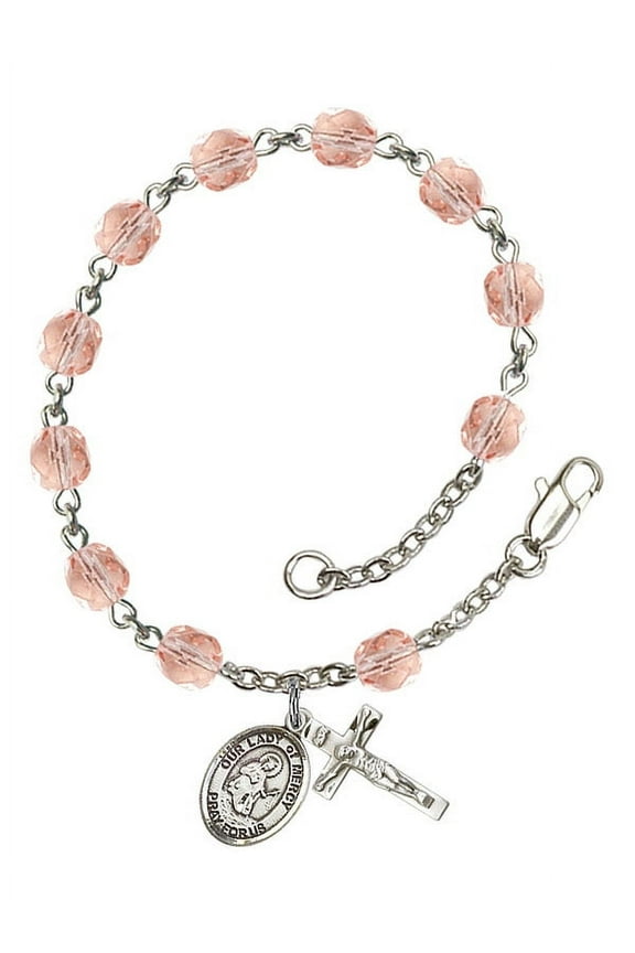 Our Lady of Mercy Silver Plate Rosary Bracelet 6mm October Pink Fire Polished Beads Crucifix Size 5/8 x 1/4 medal charm