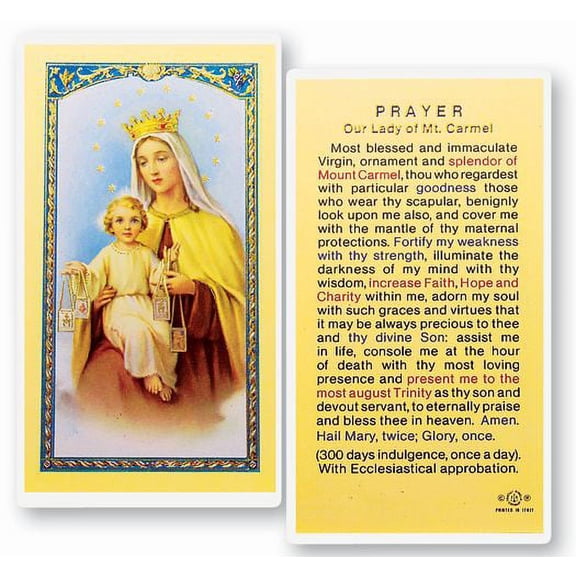 Our Lady of Mount Carmel Laminated Catholic Prayer Holy Card with Prayer on Back, Pack of 25