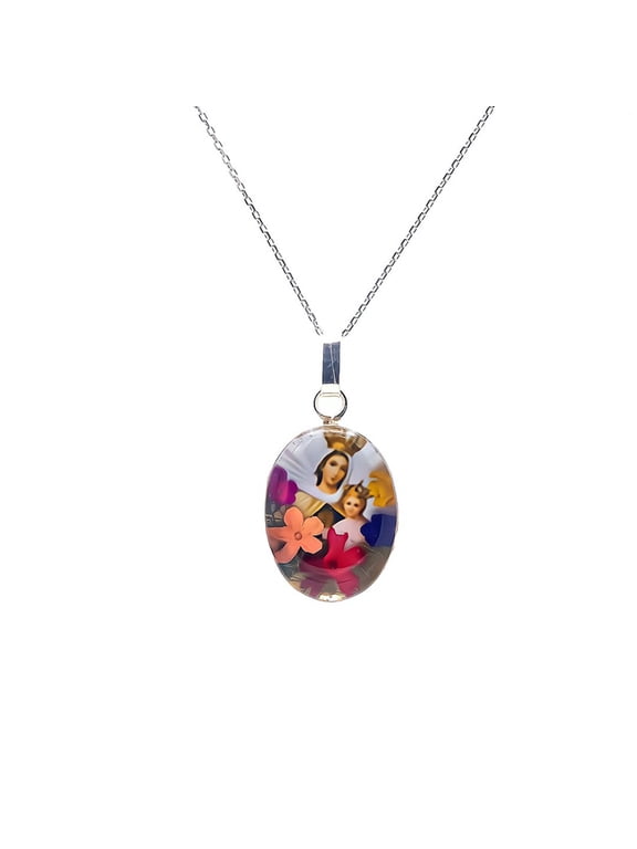 Our Lady of Mount Carmel Scapular Oval Small Medal Necklace w/ Pressed Flowers 18-inch
