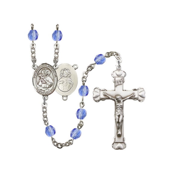 Our Lady of Mount Carmel Silver-Plated Rosary 6mm September Blue Fire Polished Beads Crucifix Size 1 5/8 x 1 medal charm