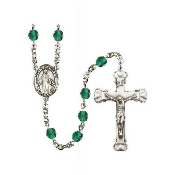Our Lady of Peace Silver-Plated Rosary 6mm December Blue Fire Polished Beads Crucifix Size 1 5/8 x 1 medal charm