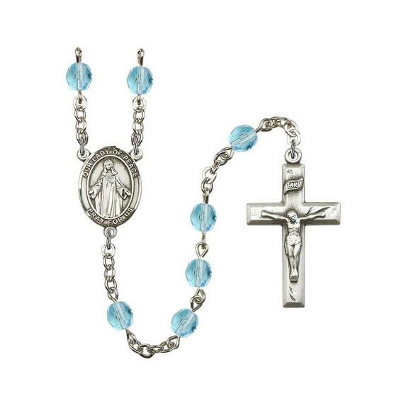 Our Lady of Peace Silver-Plated Rosary 6mm March Light Blue Fire Polished Beads Crucifix Size 1 3/8 x 3/4 medal charm