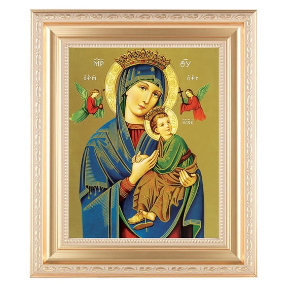 Our Lady of Perpetual Help Picture Framed Wall Art Decor Large, Satin Gold Fluted Frame with Distressed Finish and Fine Detailed Scrollwork
