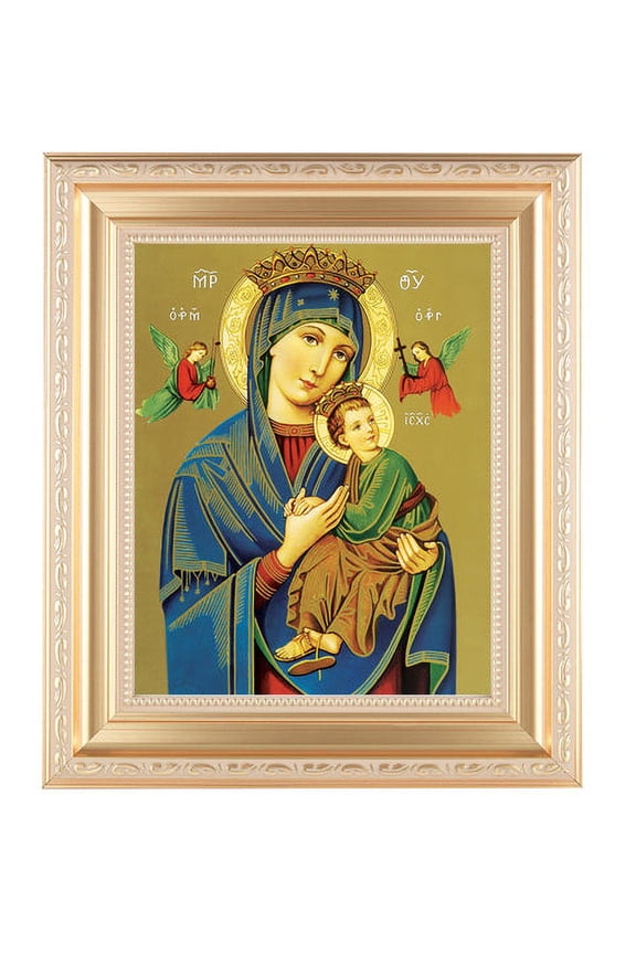 Our Lady of Perpetual Help Picture Framed Wall Art Decor Large, Satin Gold Fluted Frame with Distressed Finish and Fine Detailed Scrollwork