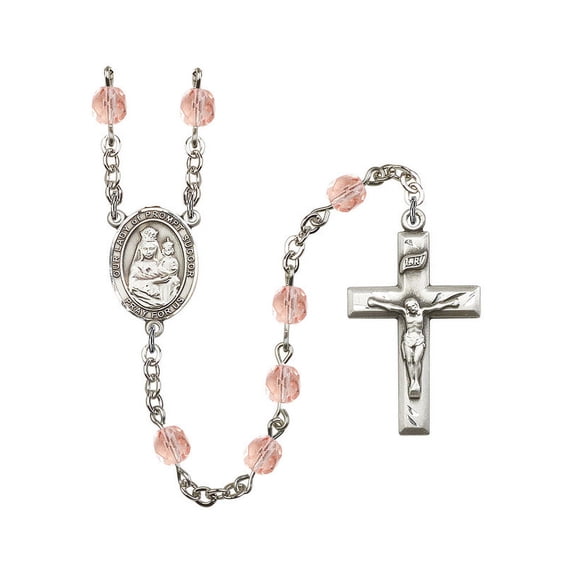 Our Lady of Prompt Succor Silver-Plated Rosary 6mm October Pink Fire Polished Beads Crucifix Size 1 3/8 x 3/4 medal charm