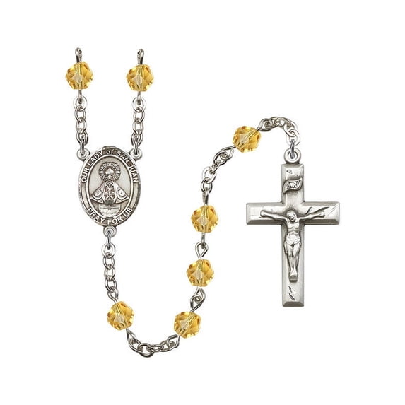 Our Lady of San Juan Silver-Plated Rosary 6mm November Yellow Fire Polished Beads Crucifix Size 1 3/8 x 3/4 medal charm