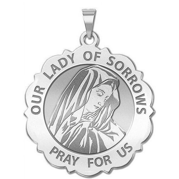 Our Lady of Sorrows Scalloped Round Religious Medal - 1 Inch Size of a Quarter -Solid 14K White Gold