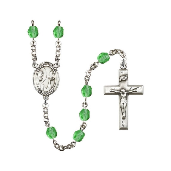 Our Lady of Star of the Sea Silver-Plated Rosary 6mm August Green Fire Polished Beads Crucifix Size 1 3/8 x 3/4 medal charm