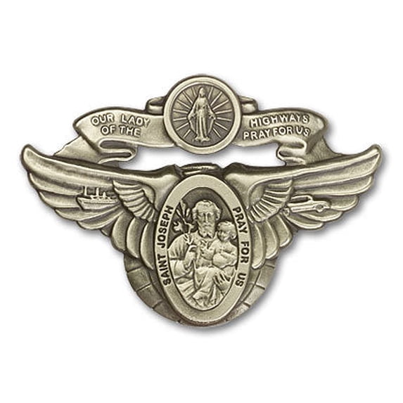 Our Lady of The Highway / St. Joseph Auto Sun Visor Clip for Car Truck Driver, Antique Gold Finish, Made in USA