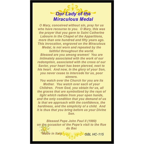 Our Lady of The Miraculous Medal Blessed By His Holiness Laminated Holy ...
