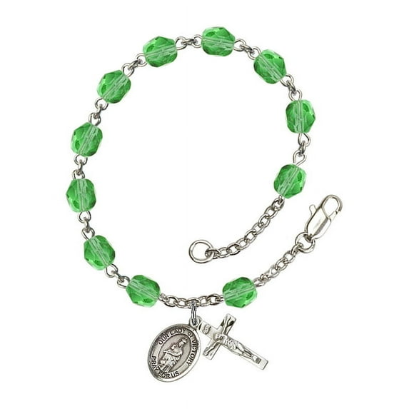 Our Lady of Victory Silver Plate Rosary Bracelet 6mm August Green Fire Polished Beads Crucifix Size 5/8 x 1/4 medal charm