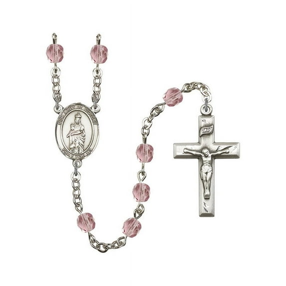 Our Lady of Victory Silver-Plated Rosary 6mm June Light Purple Fire Polished Beads Crucifix Size 1 3/8 x 3/4 medal charm