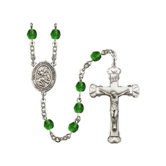 Our Lady of the Precious Blood Silver-Plated Rosary 6mm May Green Fire Polished Beads Crucifix Size 1 5/8 x 1 medal charm