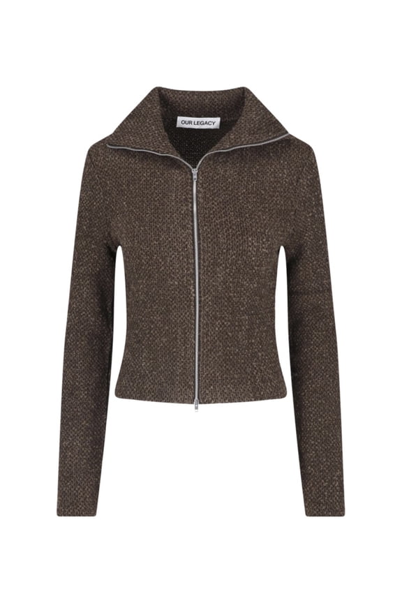 Brown Textured Cropped Zip Sweater (Women's)