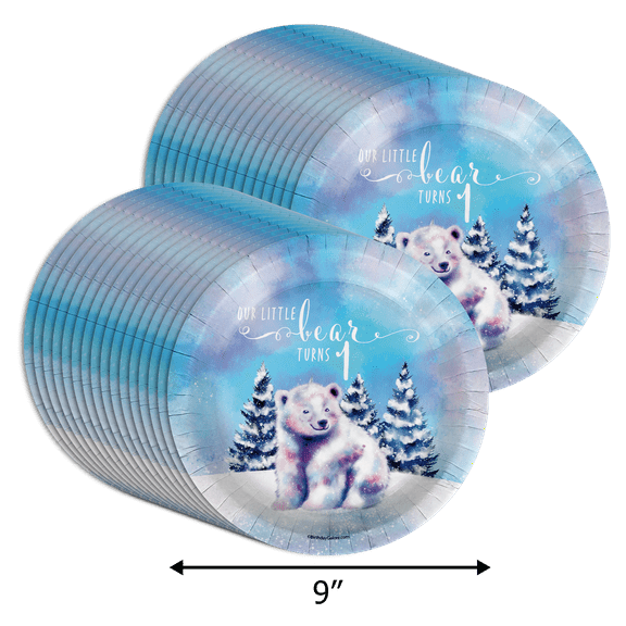 Our Little Polar Bear Turns One 1st Birthday Party Supplies Large 9" Paper Plates in Bulk 32 Piece