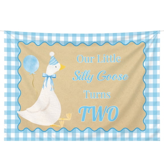Our Little Silly Goose Turns TWO Backdrop Blue White Plaid Goose Banner For 2nd Birthday Party Decor Background