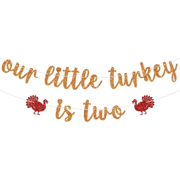 Our Little Turkey is Two Banner, Fall Second Birthday Sign, Autumn Thanksgiving Turkey 2nd Birthday Party Decorations