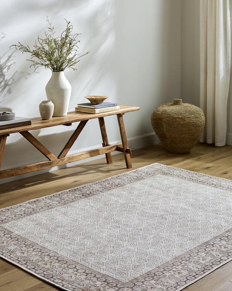 Rainier Cream and Tan Washable Synthetic Runner Area Rug