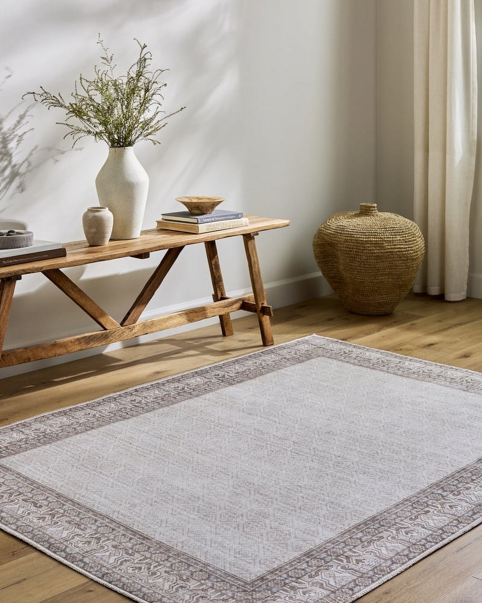 Rainier Brown and Cream Washable Synthetic Area Rug