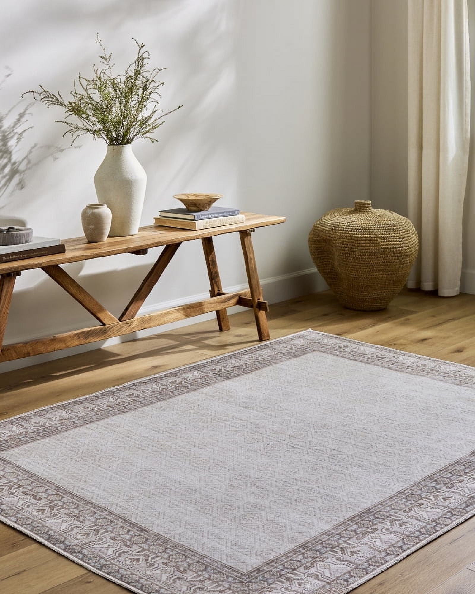 Rainier Brown and Cream Washable Synthetic Area Rug