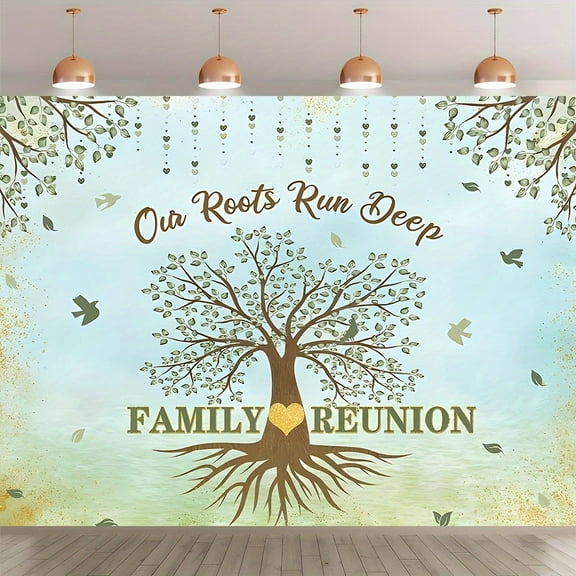 "Our Roots Run Deep" Family Reunion Backdrop Banner - Heartwarming Tree & Butterfly Design, Durable Polyester, Easy to Hang, Perfect for Indoor/Outdoor Celebrations, Anniversaries
