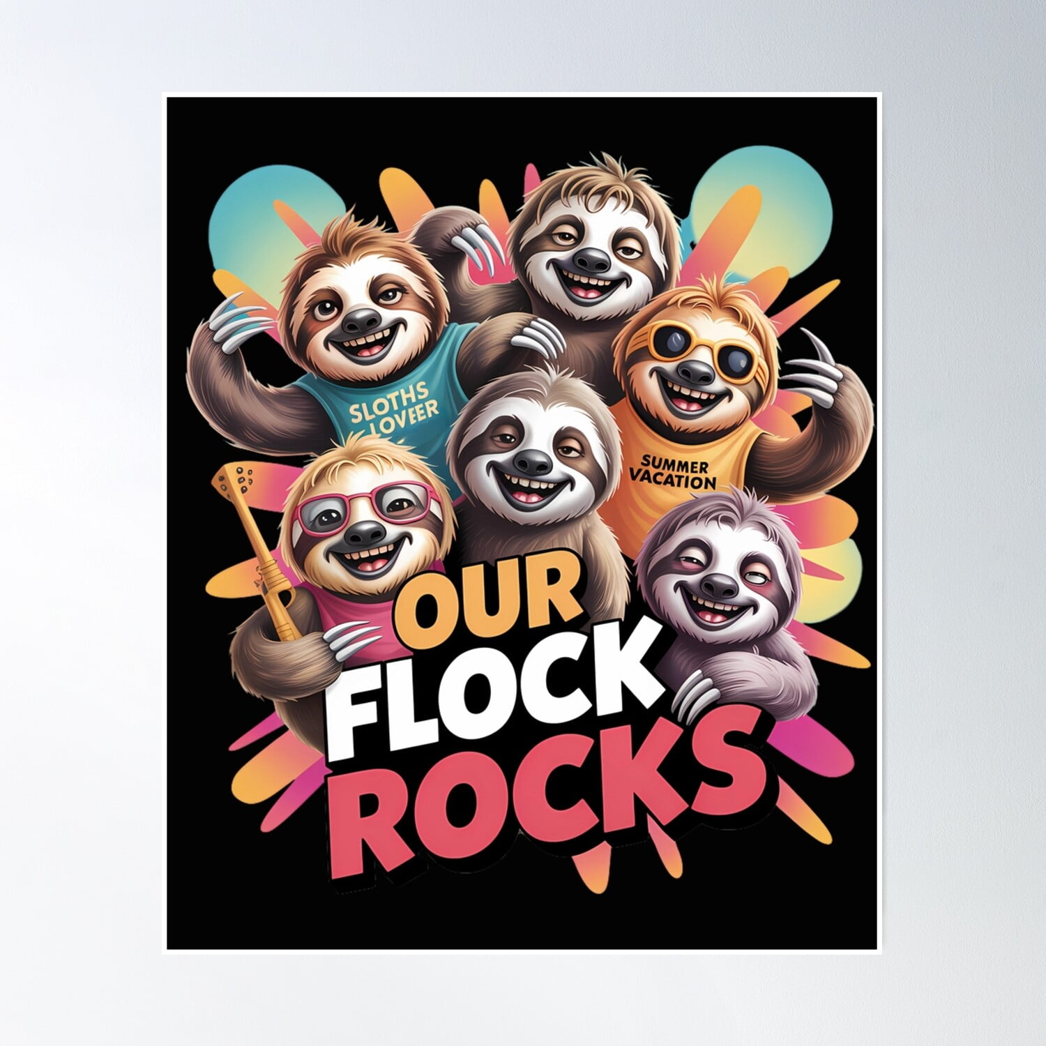 Our Sloth Flock Rocks Cute Sloths On Vacation Poster Wall Art, Modern ...