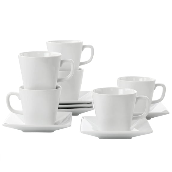 Our Table Simply White Fine Ceramic 6 Piece Square Cup and Saucer Set in White
