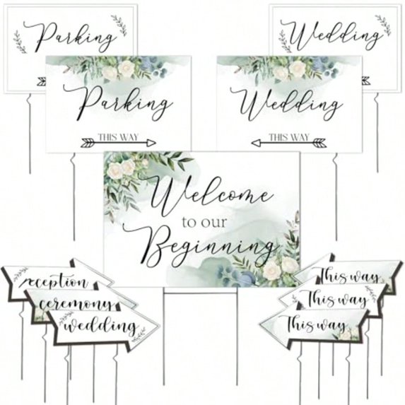 OurWarm 11 Pcs Wedding Direction Signs with Stakes Wedding Welcome Signs Arrow Shaped Wedding This Way Directional Road Signs Double Sided Printed Wedding Parking Sign Yard/Lawn Signs for Reception