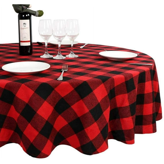 OurWarm Christmas Tablecloth Round, Buffalo Plaid Tablecloth 70 x 70 Inches with 100% Cotton Waterproof Red and Black Checkered Tablecloth for Christmas Table Decor