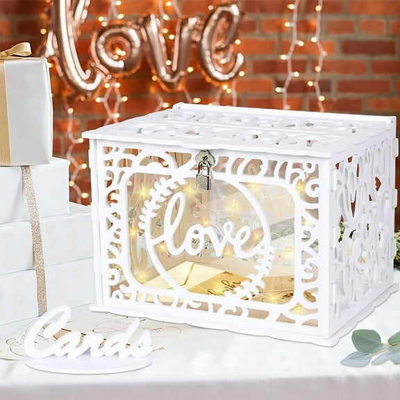 OurWarm White Wedding Card Box with Lock, PVC Gift Card Box for Wedding Reception, Eucalyptus DIY Wedding Envelope Money Card Box for Party Graduation Birthday Baby Shower Decorations