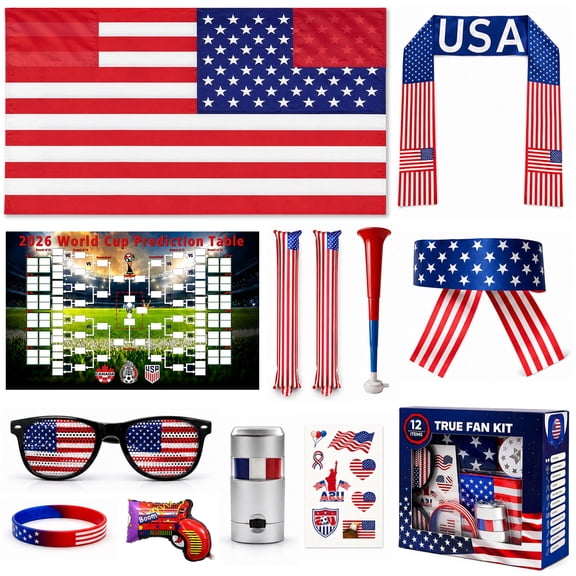 OurWarm Soccer Event Soccer Fan Kit 12PCS, Football Match Event Accessories, Flag Headband, Retractable Horn, Face Paint, Cheering Sticks, Scarf, Wristband, Glasses & Large Flag, Ideal Gift for Footb
