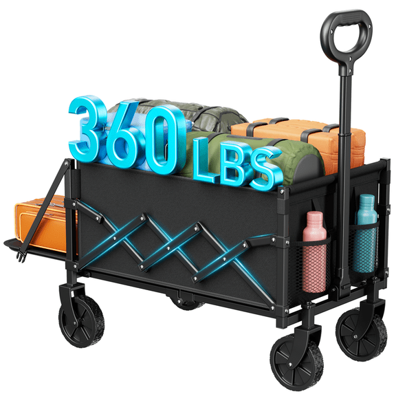 CHITOOMA Collapsible Wagon Cart with Expandable Storage & Locking Front Wheels, 360LBS Portable Foldable Wagon for Beach, Camping, Shopping