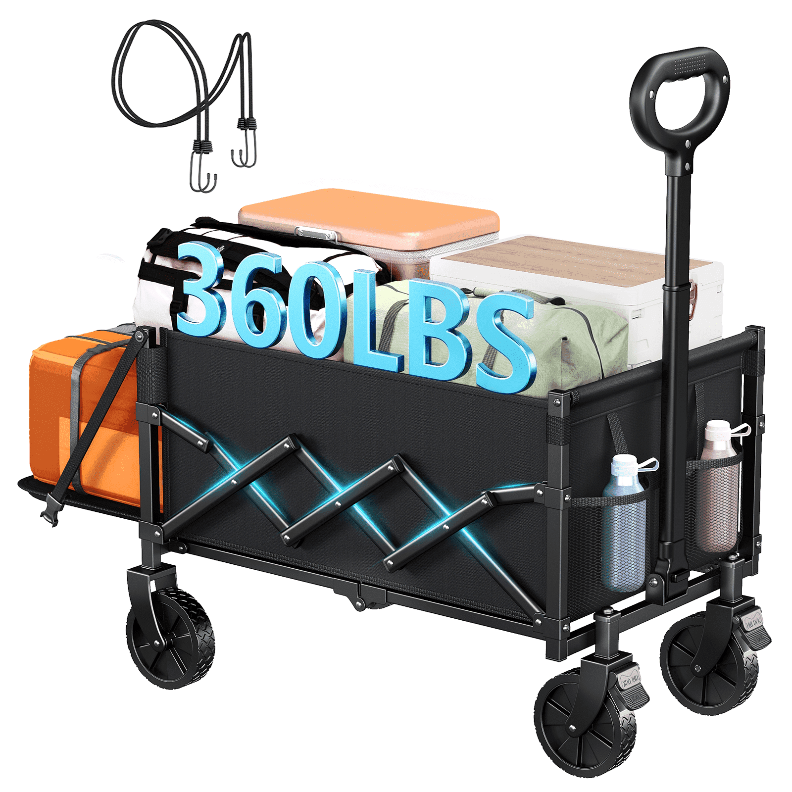 Collapsible Wagon Cart with Expandable Storage & Locking Front Wheels, Portable Foldable Wagon for Beach, Camping, Shopping