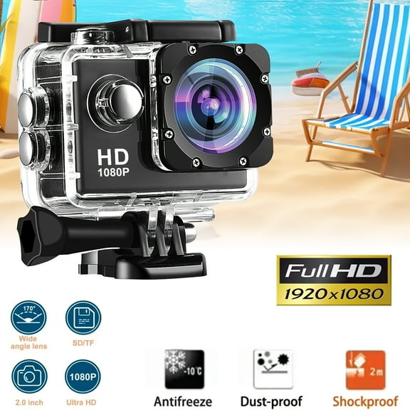 Ourlife 1080P Action Camera with 2-inch LCD And wide-angle Lens | Digital stabilization, Auto Exposure | Bracket Set | USB | Perfect Gift for cycling, swimming, Rock Climbing