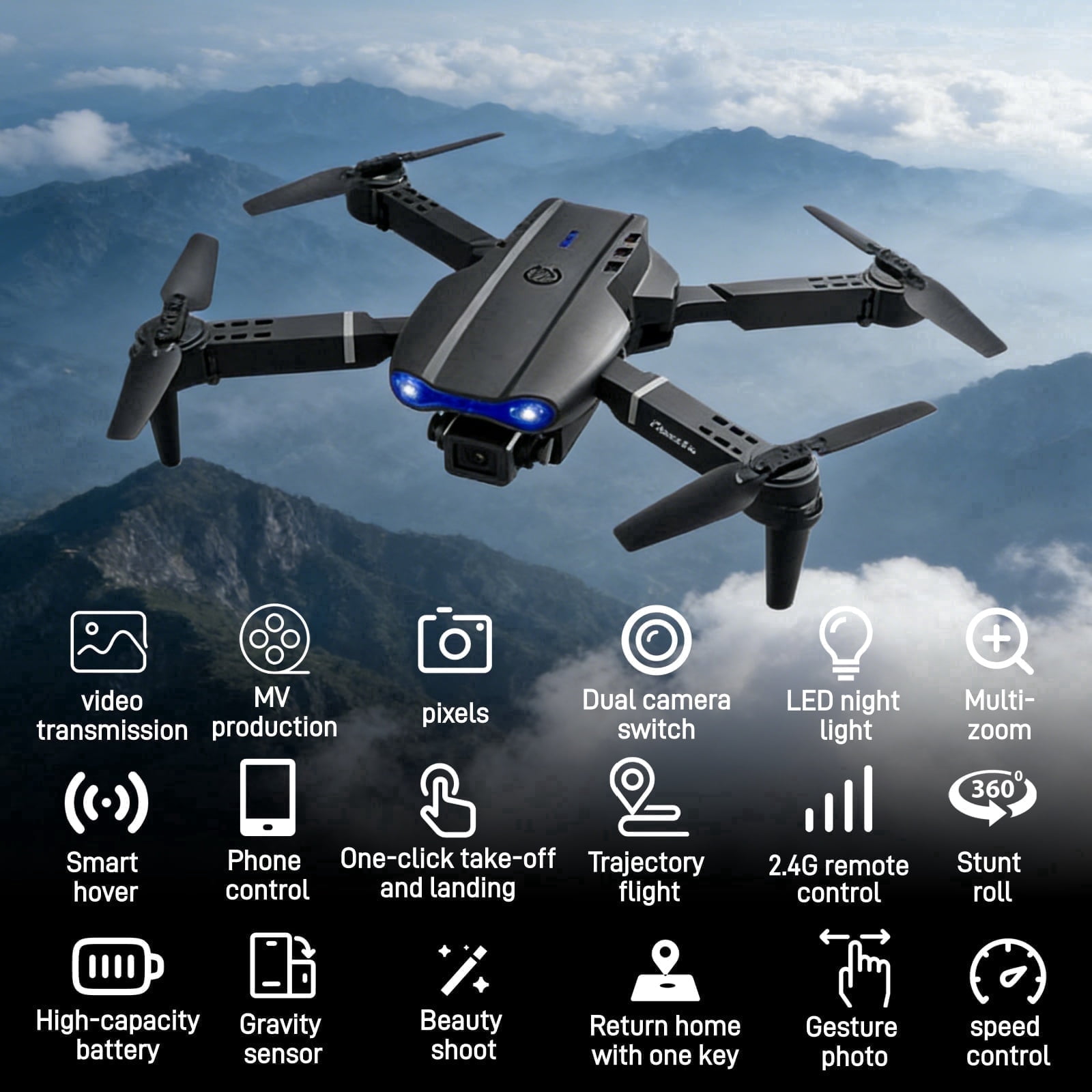 Ourlife 2.4" Screen Remote Dual Camera Drone with 1000mAh Rechargeable Battery, HD RC Quadcopter with Live View Display for Beginners, Black.