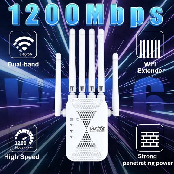 Ourlife 2026 Dual Band WiFi Range Extender, 2.4GHz & 5GHz Signal Booster Repeater with 1200Mbps Speed, Wall-Through WiFi Amplifier, Covers up to 10000 Sq.ft (White)