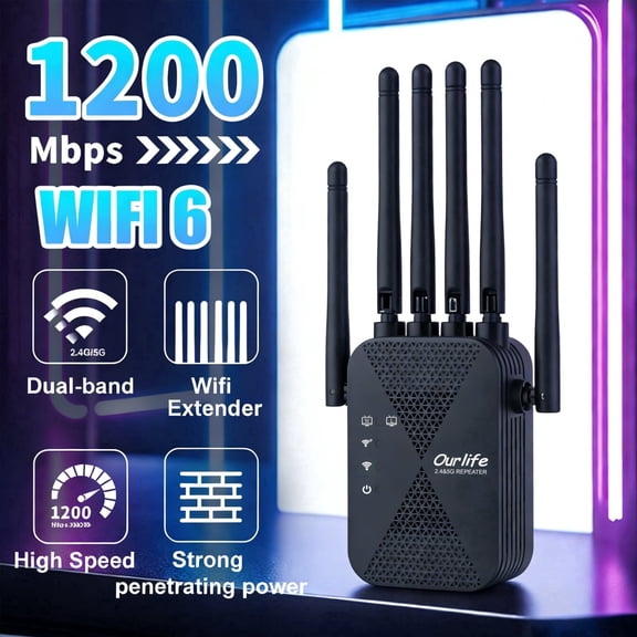 Ourlife 2026 Dual Band WiFi Range Extender, 2.4GHz & 5GHz Signal Booster Repeater with 1200Mbps Speed, Wall-Through WiFi Amplifier, Covers up to 10000 Sq.ft (Black)