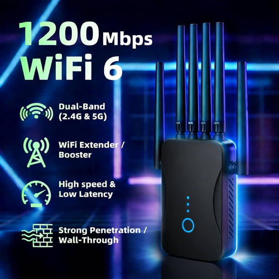 Ourlife 2026 Dual Band WiFi Range Extender with 6 External Antennas, AC1200 Signal Booster Repeater, 2.4GHz & 5GHz, Ethernet Port, Wall Plug WiFi Amplifier (Black)