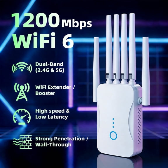 Ourlife 2026 Dual Band WiFi Range Extender with 6 External Antennas, AC1200 Signal Booster Repeater, 2.4GHz & 5GHz, Ethernet Port, Wall Plug WiFi Amplifier(White).