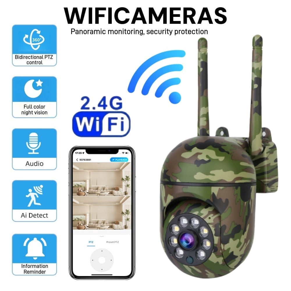 Outdoor Camouflage PTZ Security Camera, 1080P Full-Color Night Vision, Dual Antenna 2.4G WiFi, Motion Detection, Two-Way Audio, Waterproof Surveillance Camera.
