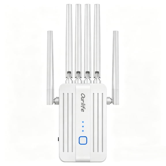 Ourlife 2026 WiFi Range Extender Signal Booster up to 1200Mbps, Dual Band 2.4GHz & 5GHz, 6 High-Gain Antennas, Internet Repeater with Ethernet Port (White)