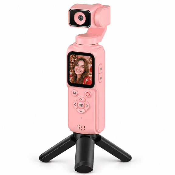 Ourlife 330° Rotating Lens Pocket Vlogging Camera, 75MP Digital Camera, 4K Video Recording, AI Face Tracking, Handheld Camera for Daily Life Pink
