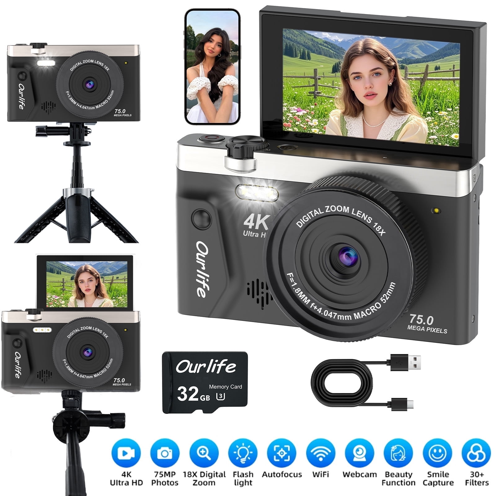 Ourlife 4K 75MP Digital Camera for Photography Autofocus Vlogging Camera with 18X Zoom, 3" Flip Screen,Black